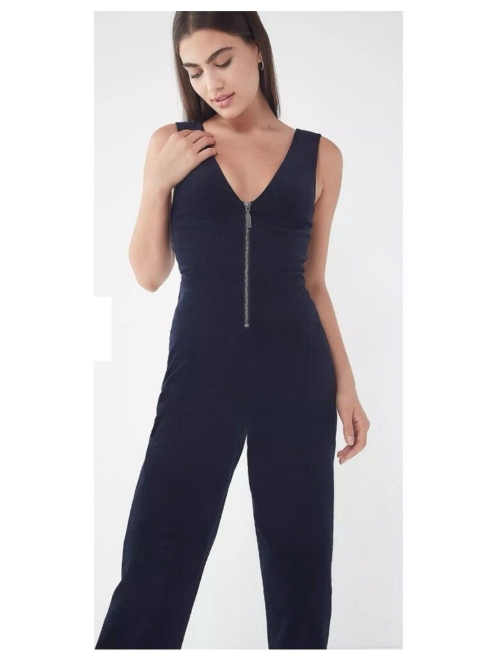 BDG Navy Corduroy Zip-Front V-Neck Jumpsuit